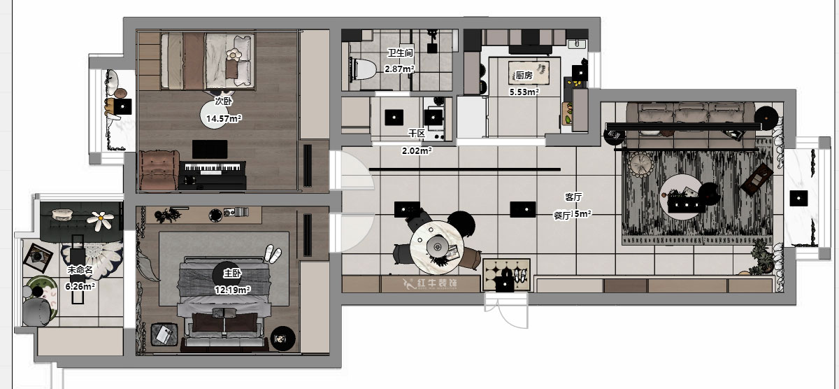 孟宪涛｜东城水岸5-202-99㎡-简约风格｜2室2厅1卫｜老房装修｜定制家｜全包14万｜00_03平面彩图